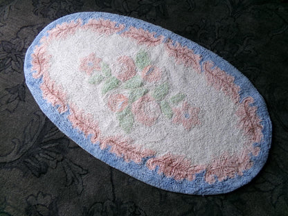 Vintage Shabby Cottage Chenille Rug, Lovely Muted Rose Florals & Pink Leaves, Cotton Bed Bath Accent Mat, Oval Shape, Large Size 25"W x 44"L