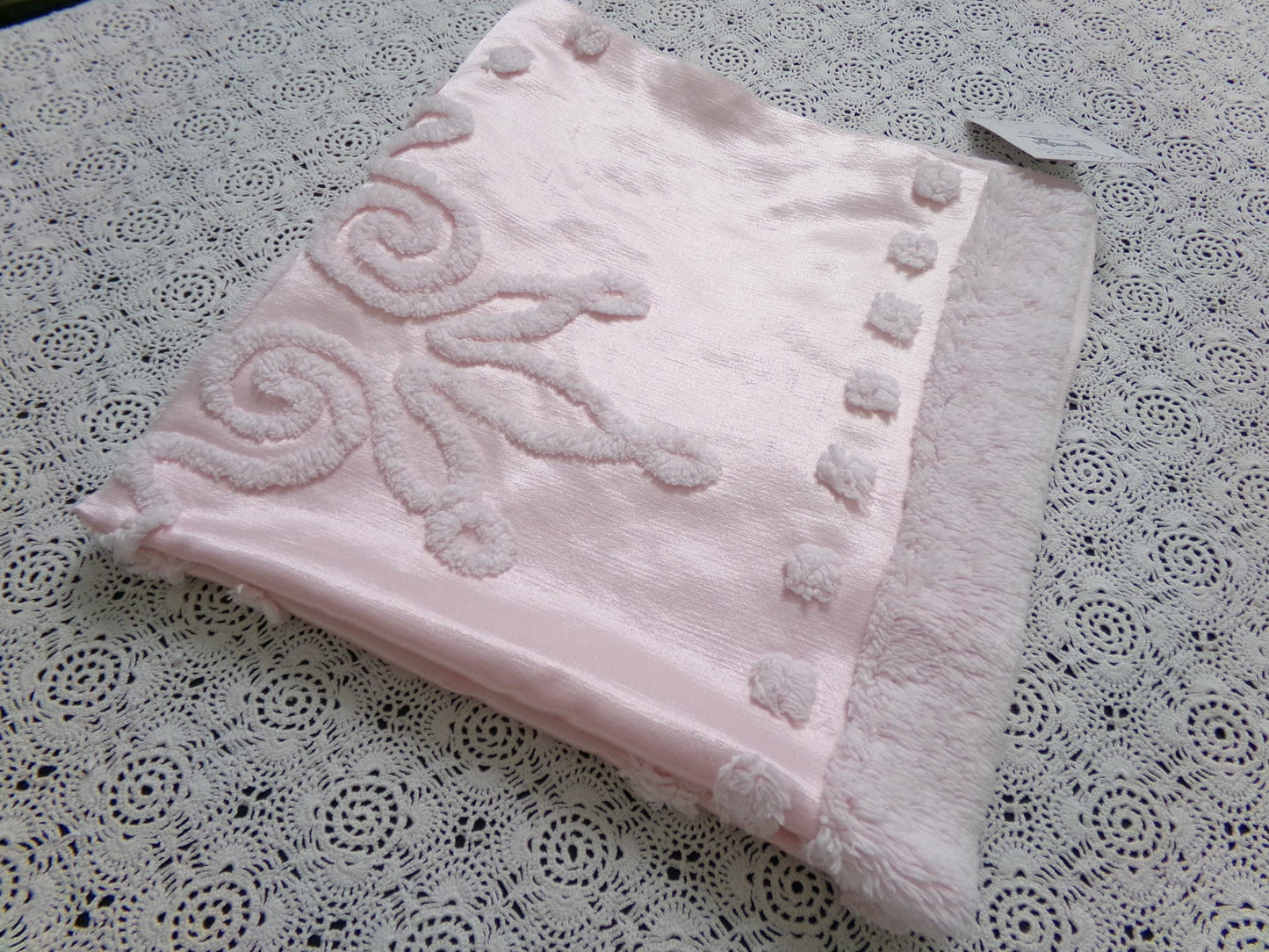 Pink Satin Vintage Chenille Fabric, Shabby Cottage 24" x 23" Piece