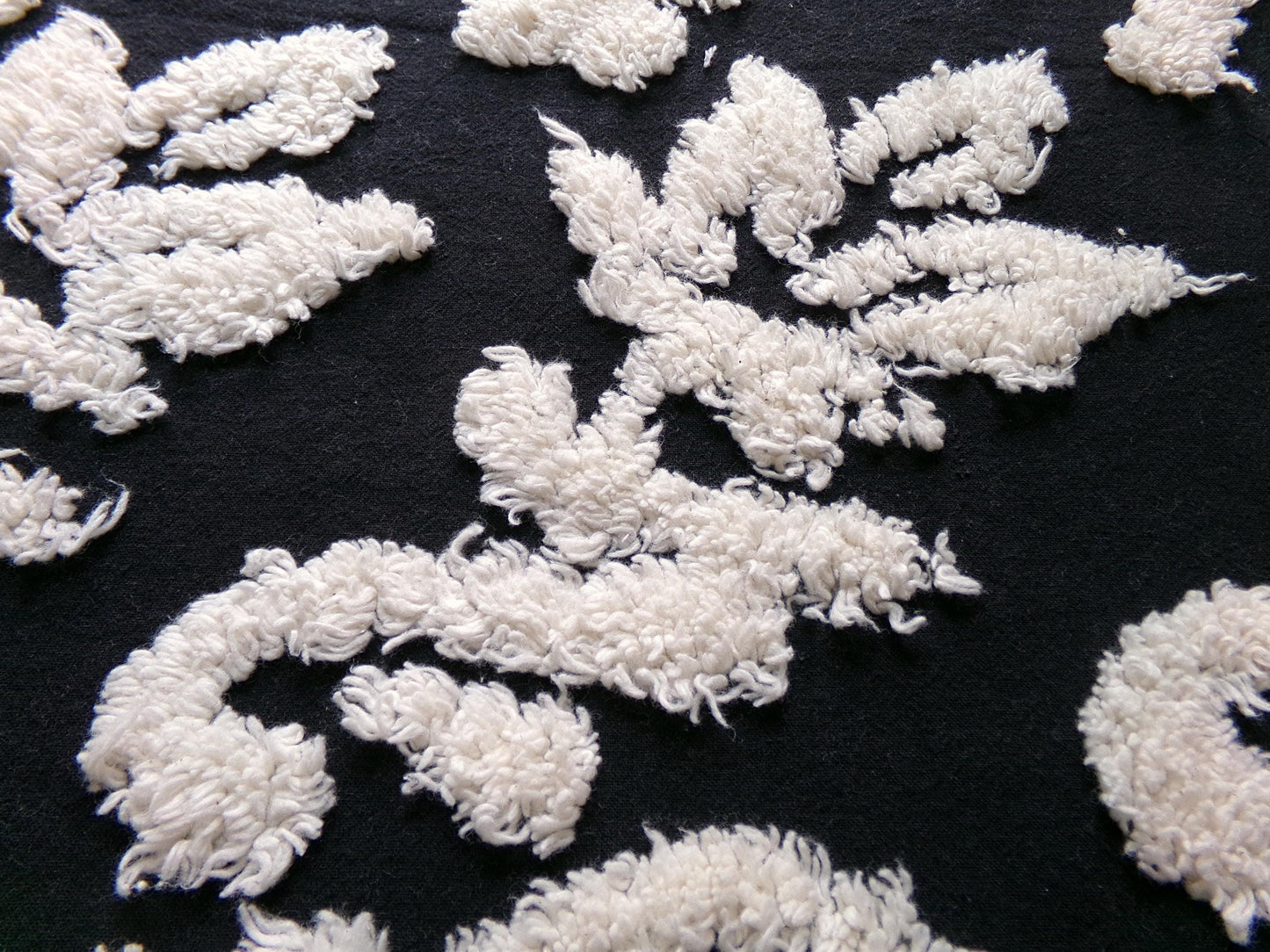 sophisticated black vintage style chenille fabric, cream gothic design, 25" x 18" cut piece of sewing & quilt material