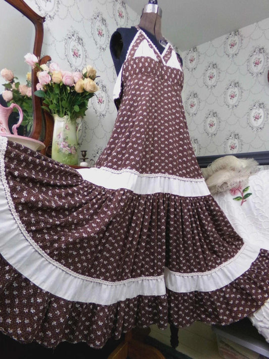 Vintage Gunne Sax Halter Dress Rare Brown Oak Acorn Print Boho Prairie Sundress