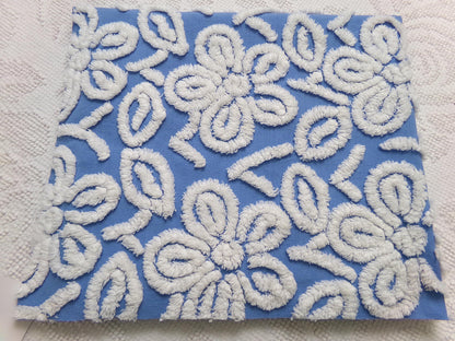 Daisy Dance Vintage Chenille Bedspread Fabric, Blue & White Floral Quilt Material 20" x 23" Piece