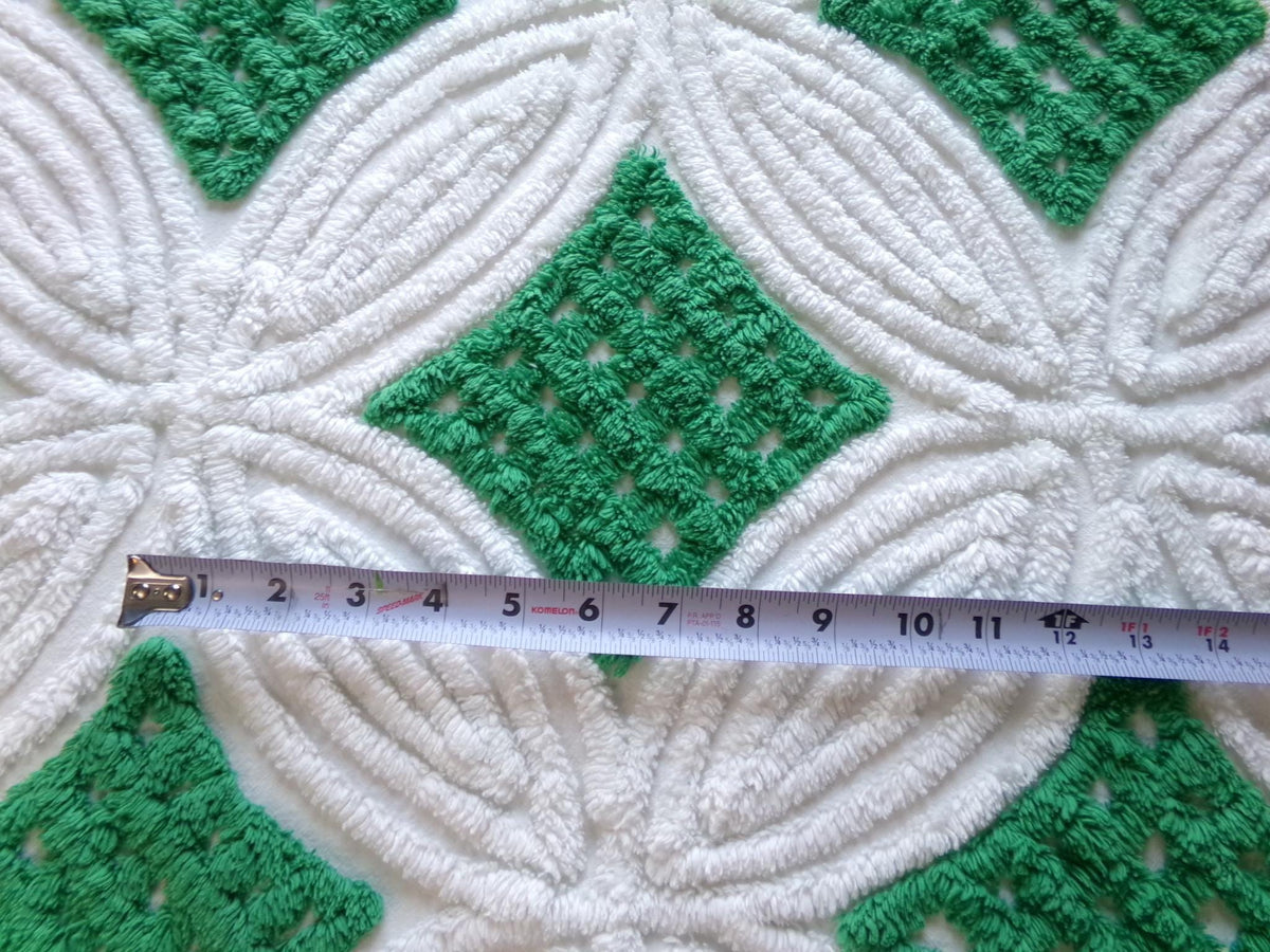 Vintage Chenille Bedspread Fabric, Preppy Kelly Green White Geometric, 20x23"