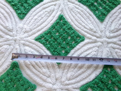 Vintage Chenille Bedspread Fabric, Preppy Kelly Green White Geometric, 20x23"