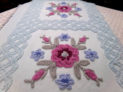 Ice Blue Vintage Chenille Fabric Double Tufted Rose Medallion Floral Lattice 23x36"