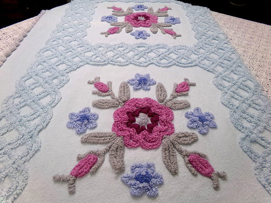 Ice Blue Vintage Chenille Fabric Double Tufted Rose Medallion Floral Lattice 23x36"