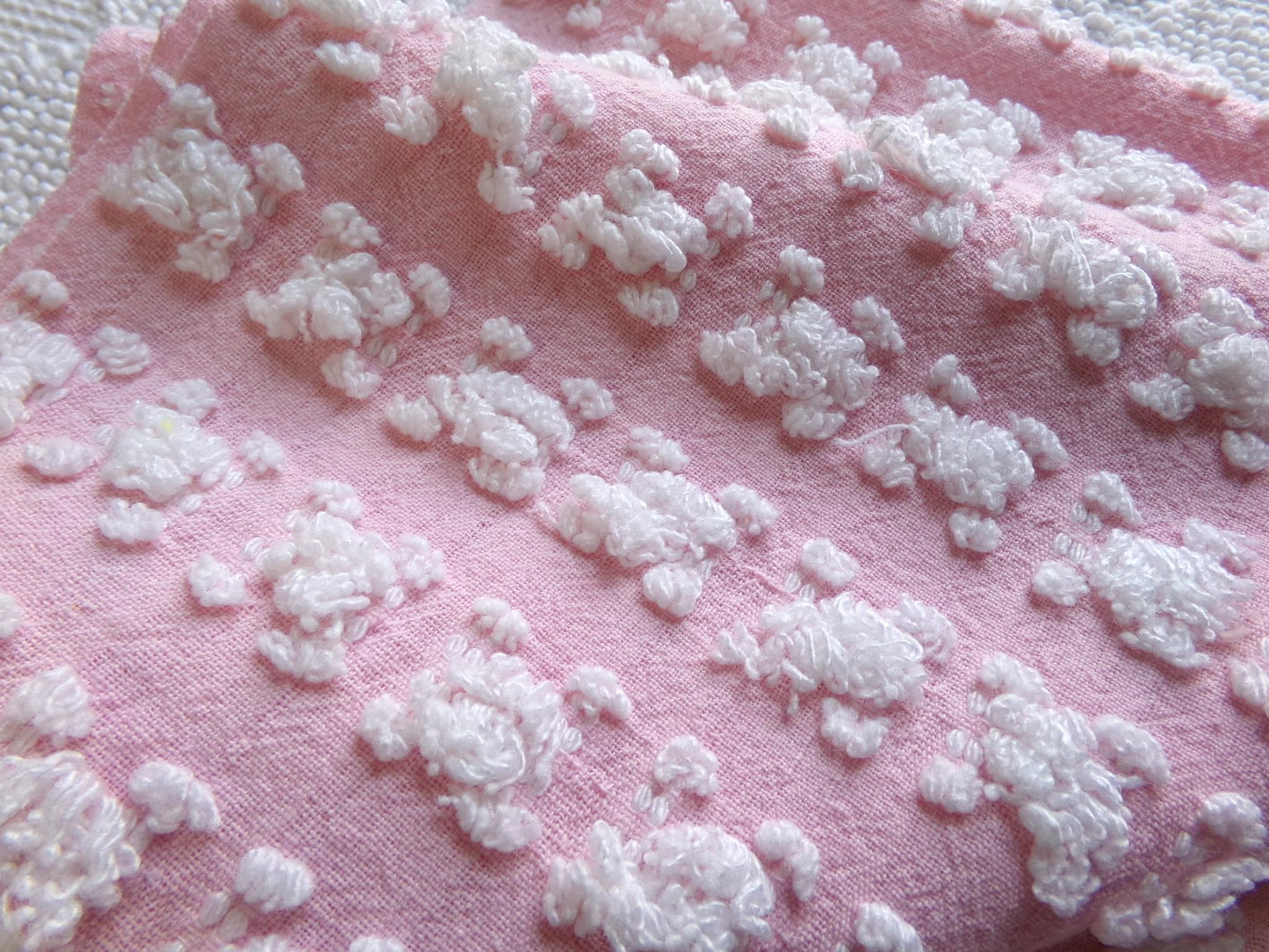 Carnation Pink White Rosebud Vintage Chenille Fabric, Soft Ombre Variations 18" x 25"