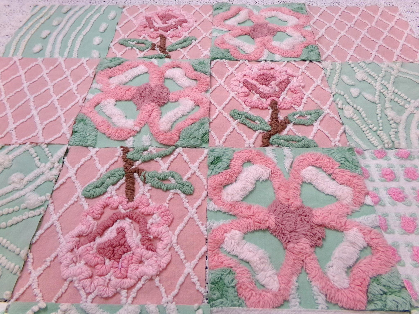 fresh cut roses vintage chenille fabric squares, set of 16 pink green quilt blocks 6" ea