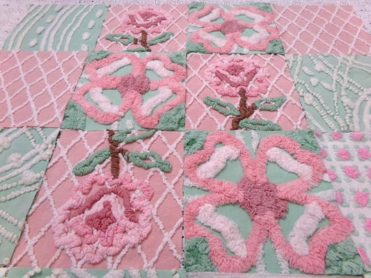 fresh cut roses vintage chenille fabric squares, set of 16 pink green quilt blocks 6" ea