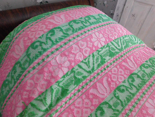 Boho Vintage Bedspread, Woven Chenille Folk Art Pink & Green Hobnail w/ Fringe, Twin Sz