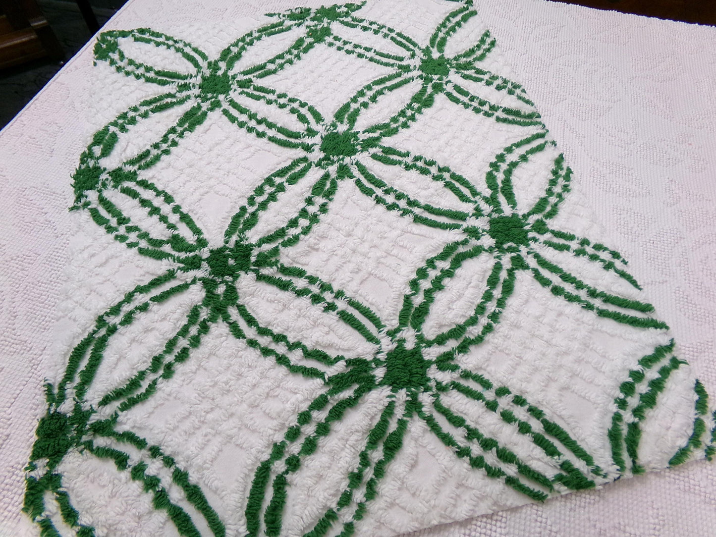 Vintage Green White Chenille Fabric Piece, Interlocking Geometric 18x24" Quilt Material