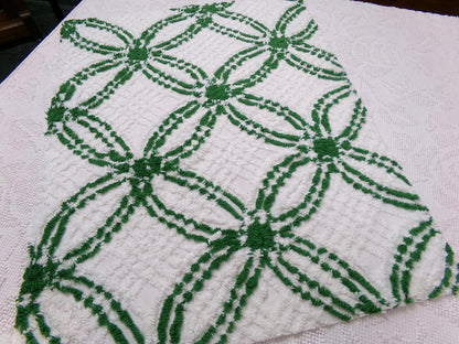 Vintage Green White Chenille Fabric Piece, Interlocking Geometric 18x24" Quilt Material