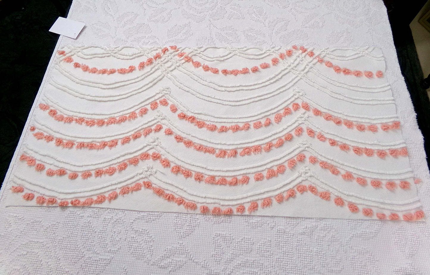Peach Dot Swags Vintage Chenille Bedspread Fabric, White Cotton Sewing Material, 15" x 30"