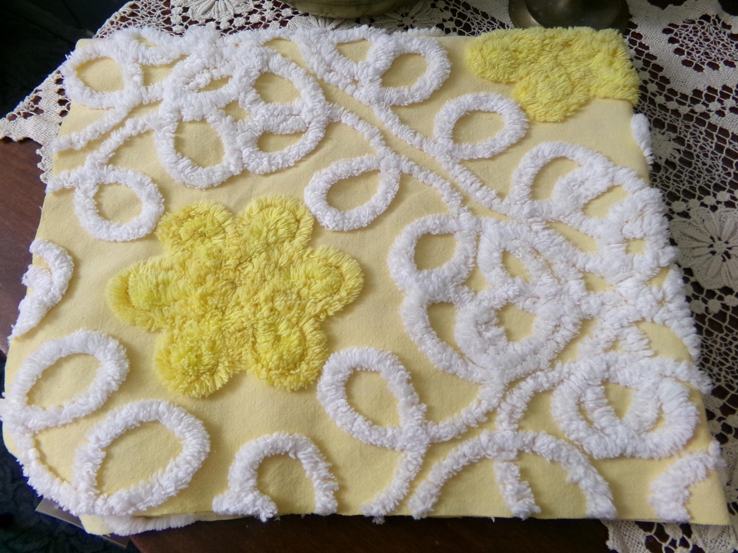 Sunny Yellow Daisy Vintage Chenille Fabric, White Swirl Sewing Quilt Material, 20" x 24"