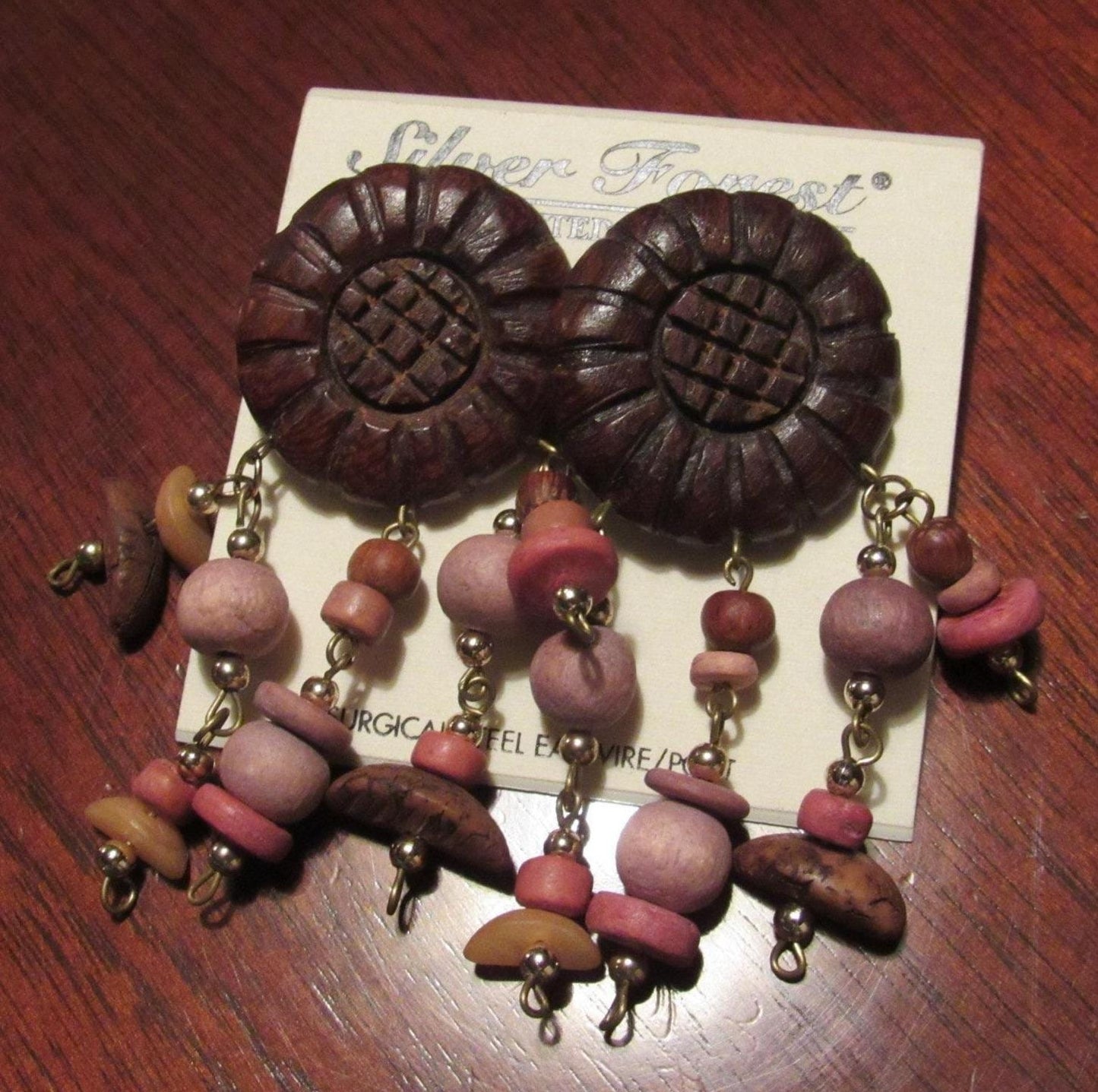 Boho Vintage Silver Forest Wood Dangle Earrings, Pierced Post Back