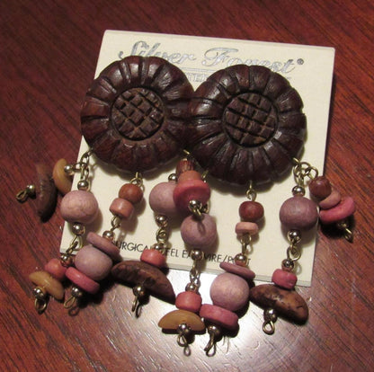 Boho Vintage Silver Forest Wood Dangle Earrings, Pierced Post Back