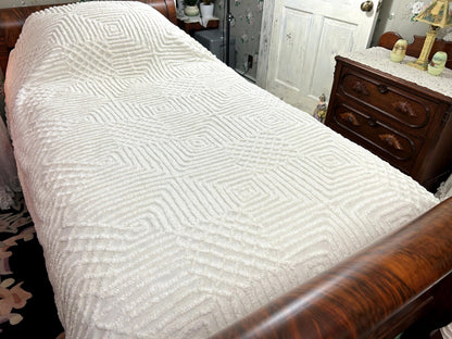 Quietly Bold Vintage Chenille Bedspread, Nested Squares & Diamonds, Full Size