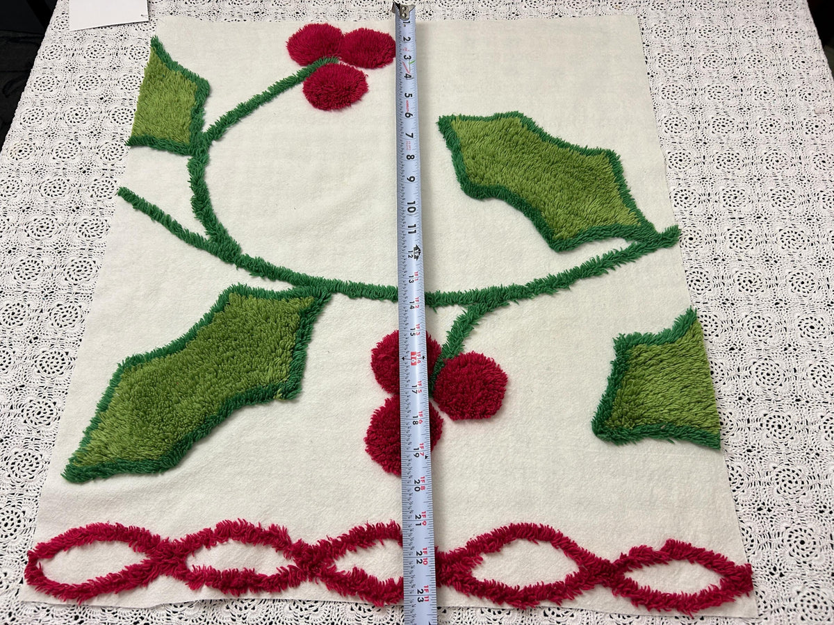 Holiday Vintage Chenille Fabric, Winter Holly Berry 22x20" Craft Piece