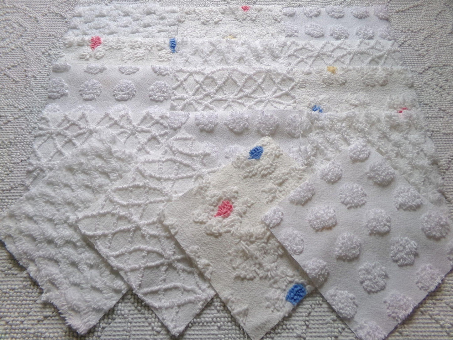 winter whimsy white chenille fabric squares, 16 vintage 6" x 6" quilt blocks, pops, webbed, diamond lattice & daisies for sewing, crafts