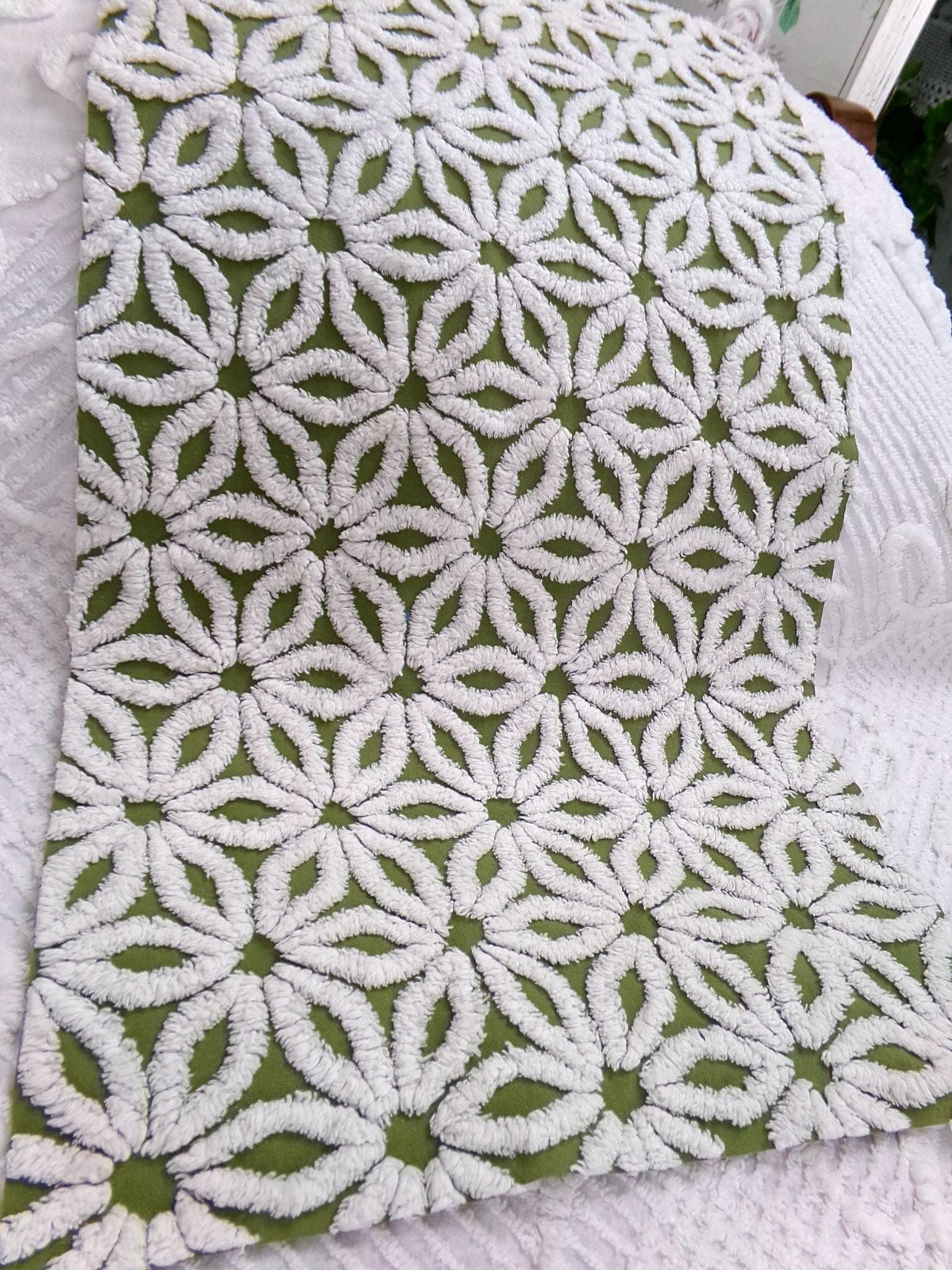 Boho Olive Green Vintage Chenille Fabric, High Contrast White Daisy 18x24" Pc