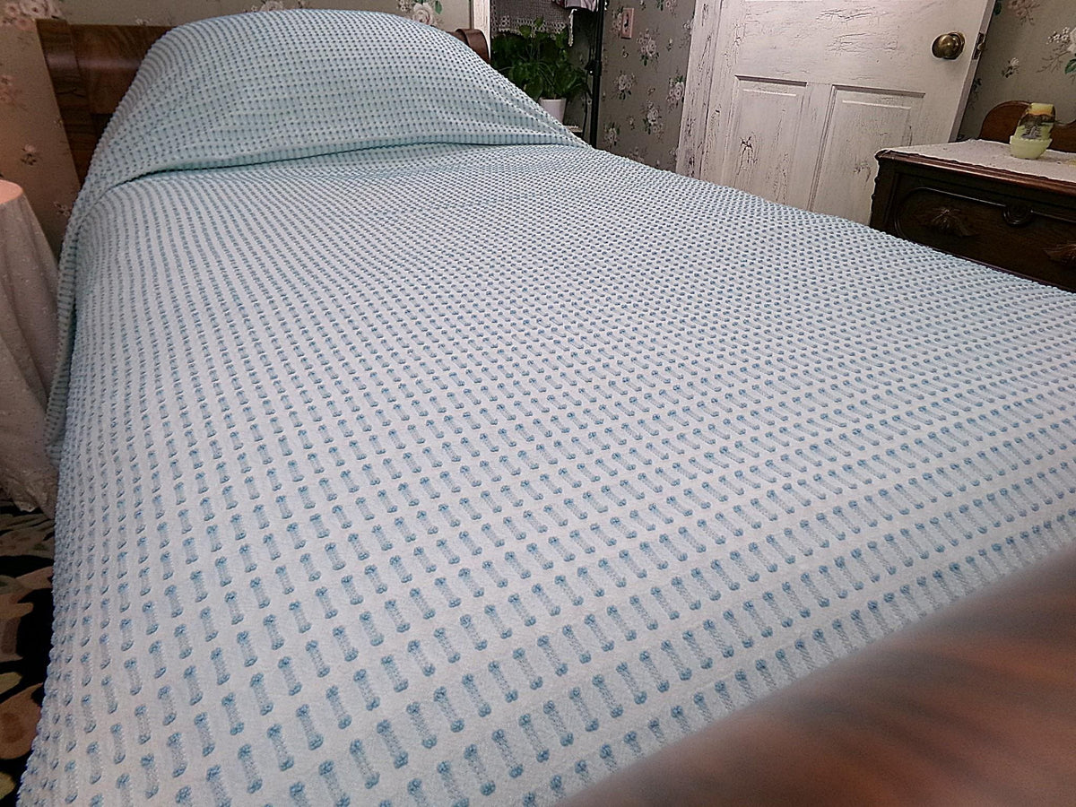 Powder Blue Vintage Chenille Bedspread, Texturized Barbells & Shag Edge Morgan Jones Full Sz