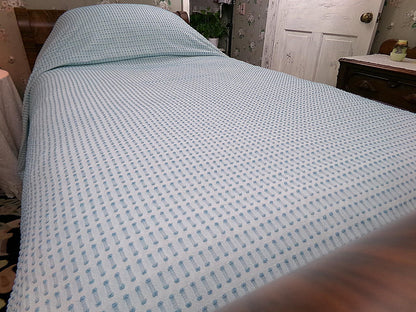 Powder Blue Vintage Chenille Bedspread, Texturized Barbells & Shag Edge Morgan Jones Full Sz