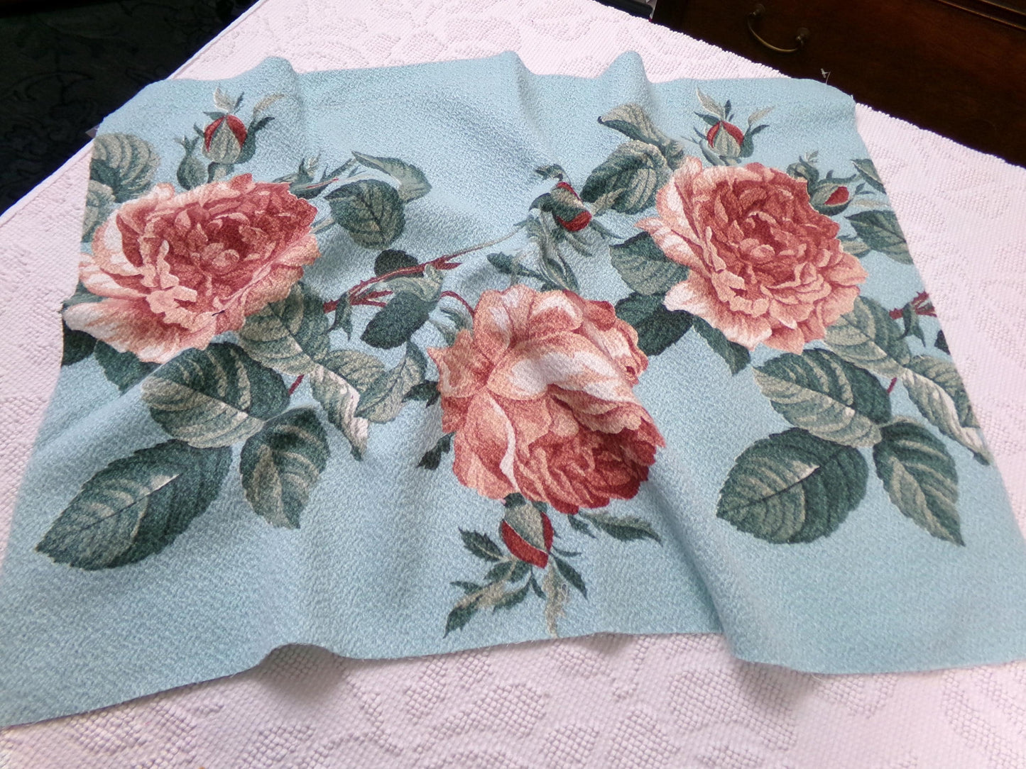 Vintage 1940s Barkcloth Fabric Aqua Blue Pink Roses Botanical Mid-Century Shabby, 18" x 26"