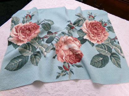 Vintage 1940s Barkcloth Fabric Aqua Blue Pink Roses Botanical Mid-Century Shabby, 18" x 26"