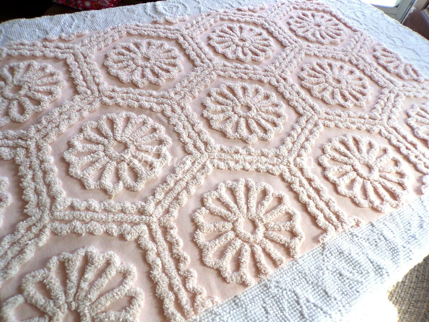 Romantic Daisy Iced Peach Vintage Chenille Quilt Fabric Piece, 31.5" x 22" inches