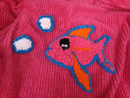 Canyon Group Vintage Chenille Robe, Pink Tropical Fish Short Beach Coverup Bathrobe Kimono Sleeves, M/L