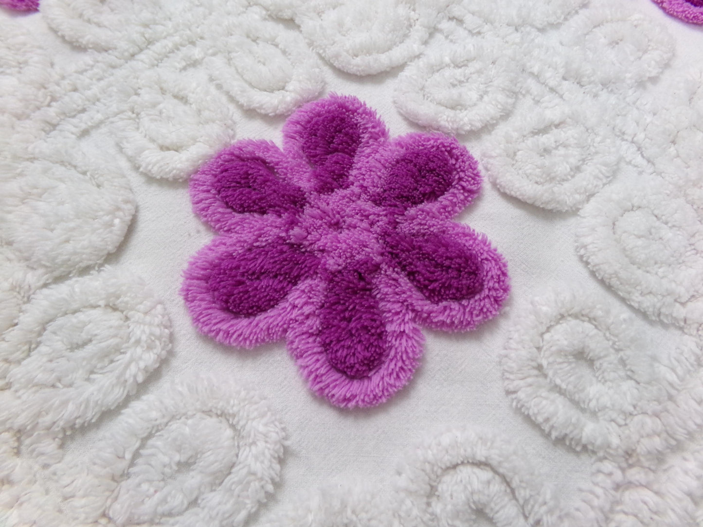 Snowy Violets Vintage Chenille Bedspread Fabric Purple & White 26 x 20" Piece