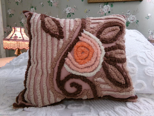 Sunset Rose Boho Vintage Chenille Pillow Cover & Insert, 13" x 14" inches, Handmade Decorative Accent Pillow, Hippie Home Decor