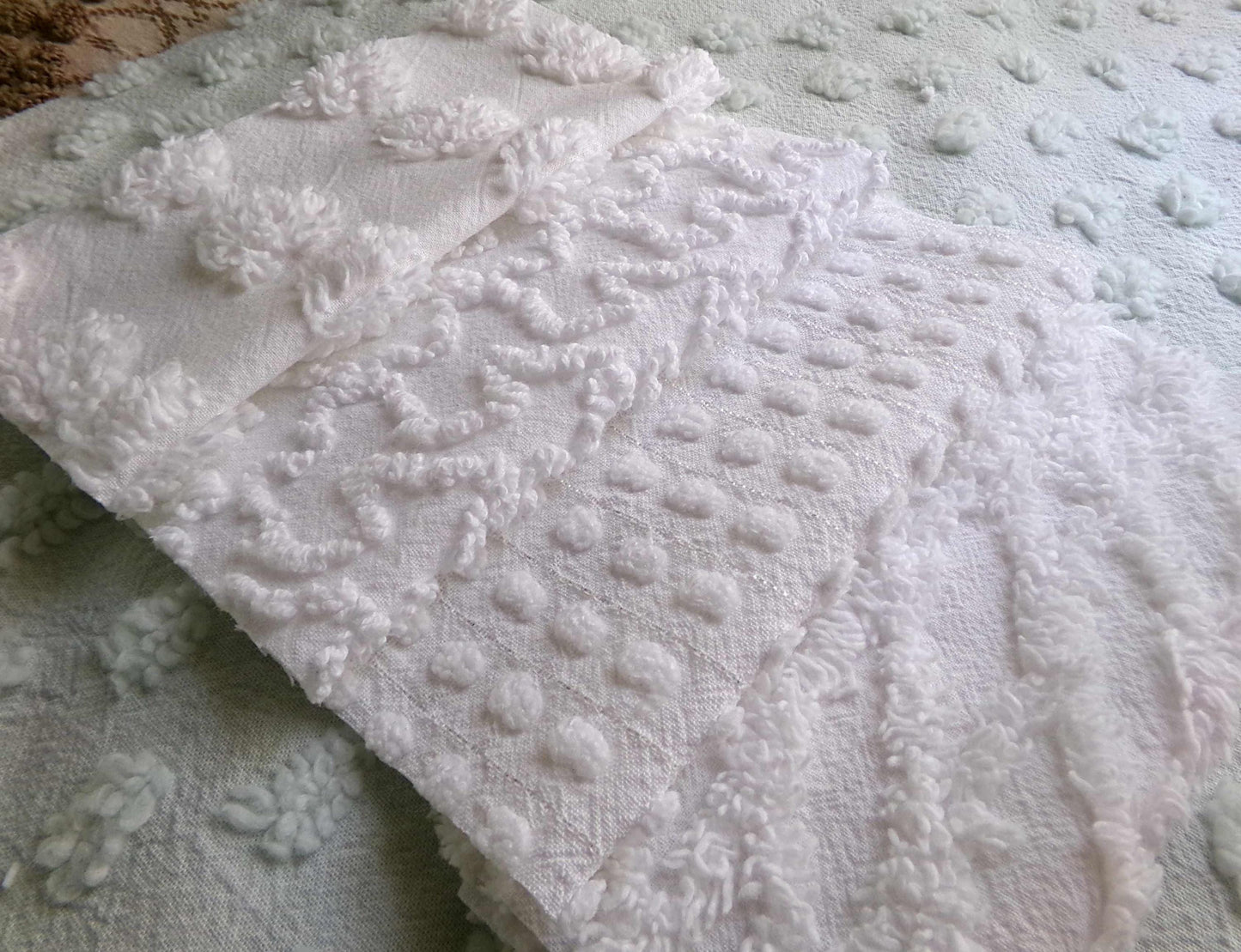 Silent Snowfall Vintage Chenille Fabric Squares, Set of 16 White 6" Cotton Chenille Quilt Blocks for crafting, sewing