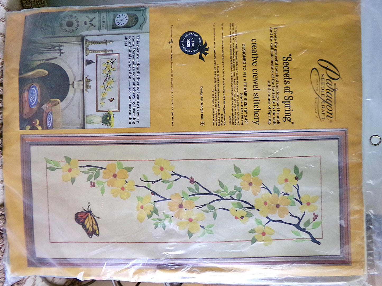 SECRETS of SPRING Crewel Embroidery Kit, HUGE Butterfly & Flowers Wall Hanging, Vintage Paragon Retro Hippie Stitchery, # 0629, Georgia Ball