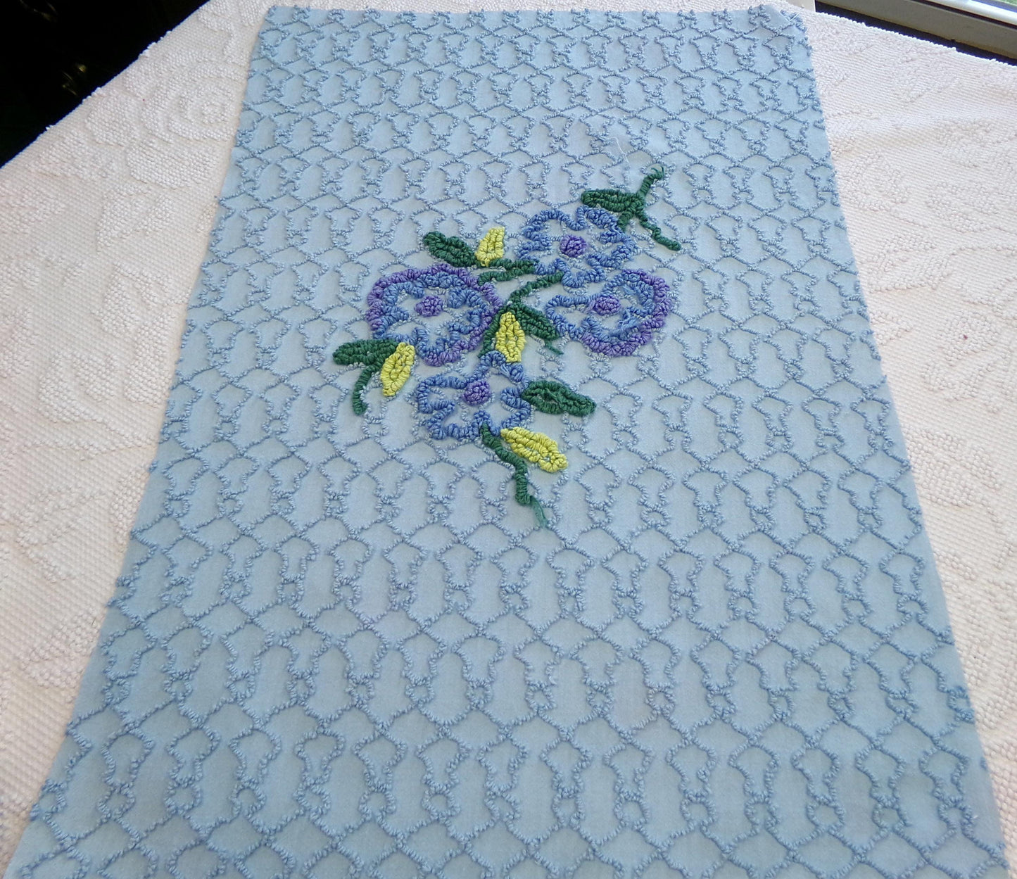 Quiet Midnight Blue Vintage Chenille Fabric, Floral 16" x 24" Piece w/ unique chain link design