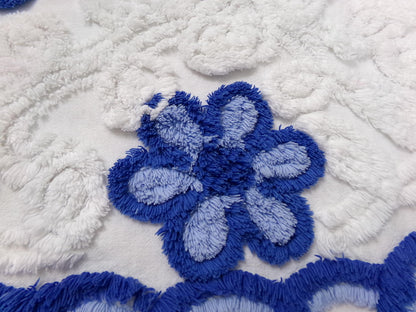 Vintage Chenille Fabric Piece, Blue White Floral Coastal Chic Quilting Material 14x25"
