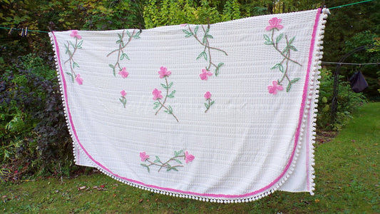 Vintage Pink Roses Chenille Bedspread, Cottage Style Decor, Pom Pom Trim, Full Size