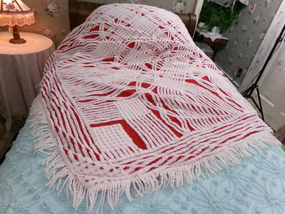 Red Vintage Chenille Bedspread Tufted White Full Size 100% Cotton Bedding, Fringe