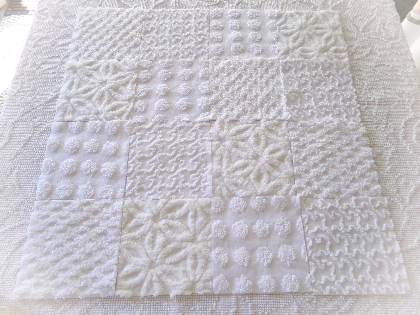 cherub feathers white chenille fabric squares, cut from vintage chenille bedspreads in popular patterns, set of 16 quilt blocks, 6" inch ea