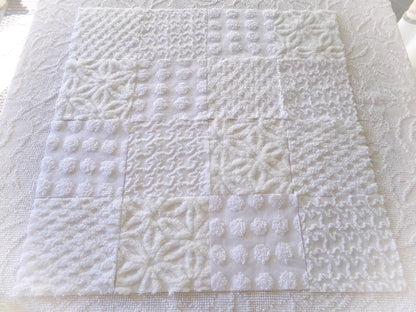 cherub feathers white chenille fabric squares, cut from vintage chenille bedspreads in popular patterns, set of 16 quilt blocks, 6" inch ea