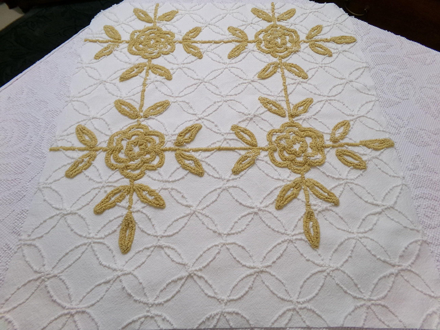 Vintage Tufted Chenille Fabric Piece, Directional Golden Rose Sewing & Quilt Material 22" x 26"
