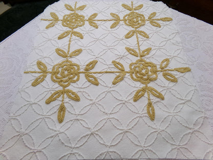 Vintage Tufted Chenille Fabric Piece, Directional Golden Rose Sewing & Quilt Material 22" x 26"