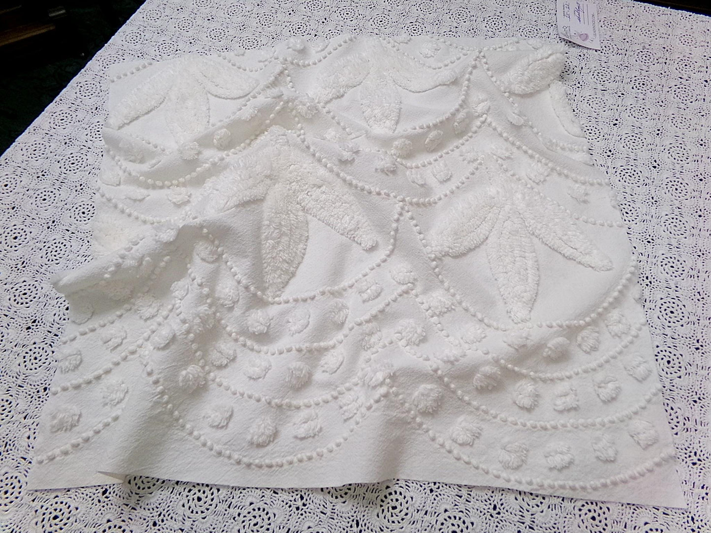 Dainty Vintage Chenille Fabric, Creamy Botanical Leaf Pearl Dots, 20x20" Piece
