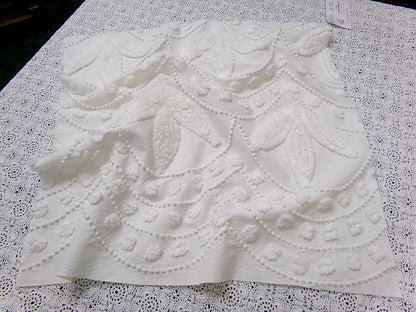 Dainty Vintage Chenille Fabric, Creamy Botanical Leaf Pearl Dots, 20x20" Piece