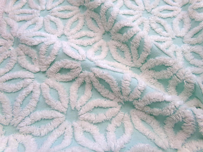 aqua & white daisy vintage chenille fabric, 20" x 24" piece of cottage style sewing quilt material