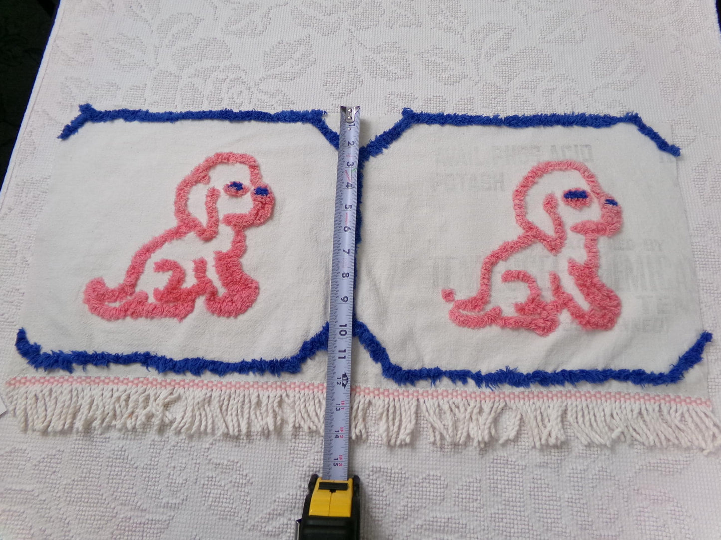 Pink Puppy Dog Vintage Chenille Fabric, Pair of Puppies on Cotton Feedsack, 12" x 26" Piece