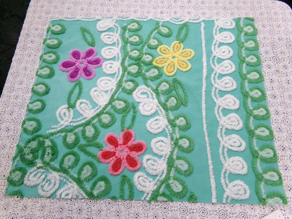 Vintage Green Chenille Fabric, Floral Swirl Design, 20x25" Piece