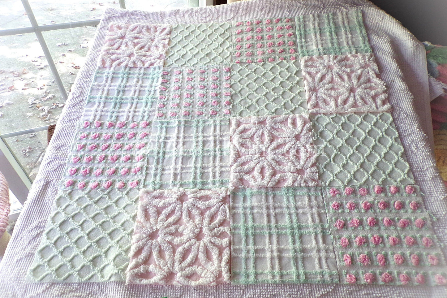 Picnic Pink & Green Chenille Fabric Squares Set of 16 Quilt Blocks, 6" x 6" inches each, Pretty Green, White, Pink Rosebud