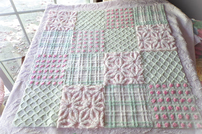 Picnic Pink & Green Chenille Fabric Squares Set of 16 Quilt Blocks, 6" x 6" inches each, Pretty Green, White, Pink Rosebud