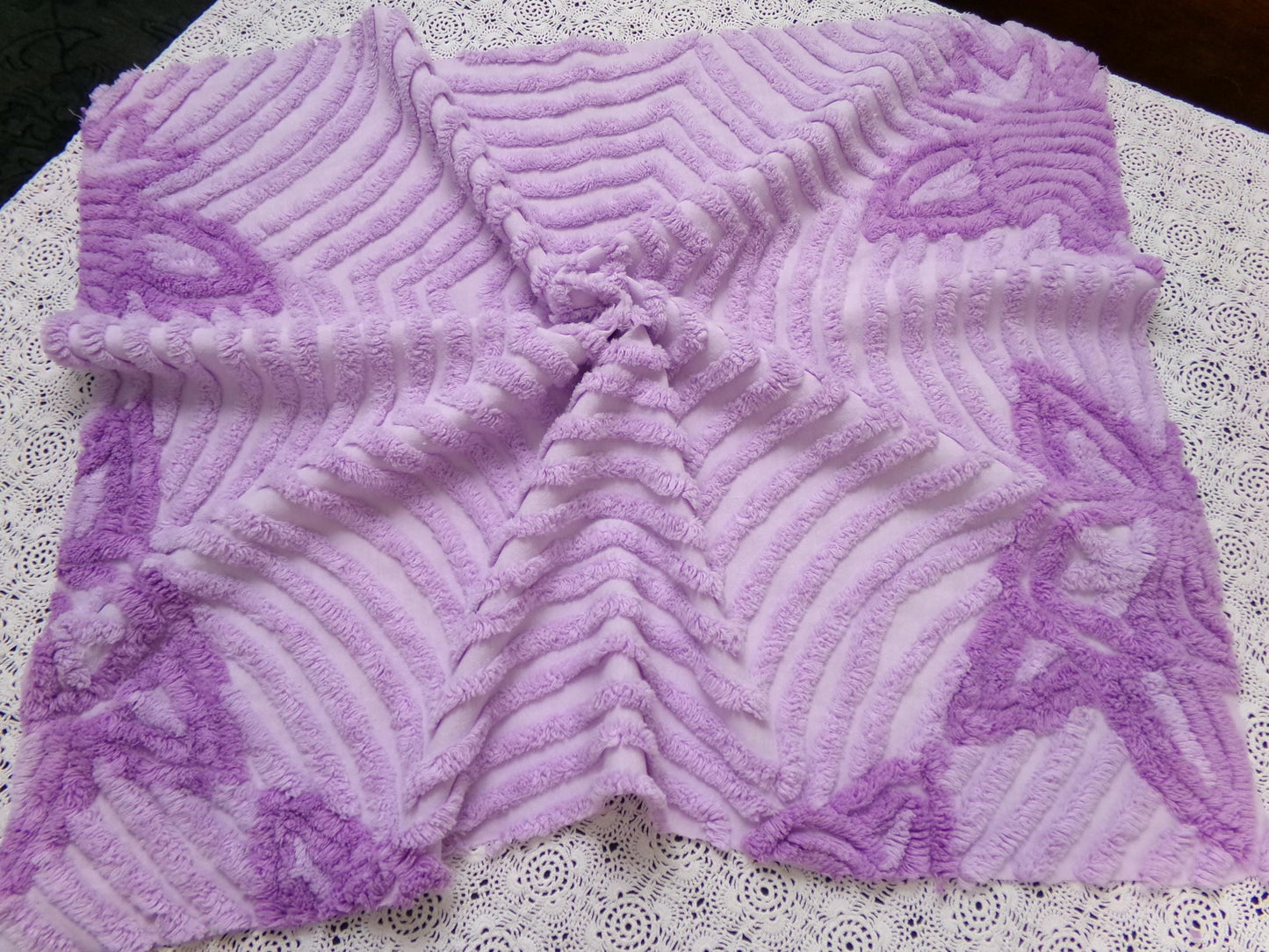 Hypnotic Spiderweb Vintage Chenille Fabric Piece Lavender 23x27" Mesmerizing Design