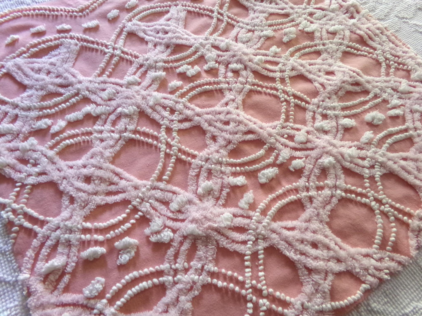 rosy pink vintage chenille fabric, infinity tuft & pearl pops design, 21" x 22" piece of sewing quilt material